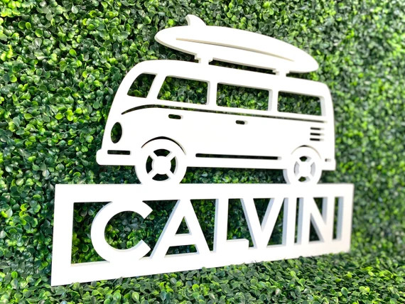 VW Bus with Surfboard Name Sign, Surfer Decor, Kids Surf Bedroom Decor, Bedroom Door Hanger, Beac... | Etsy (US)