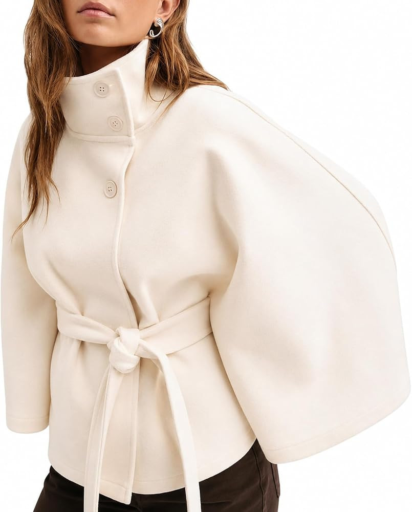 Women's Cape Coat High Neck Belted Batwing Sleeve Jacket | Amazon (CA)