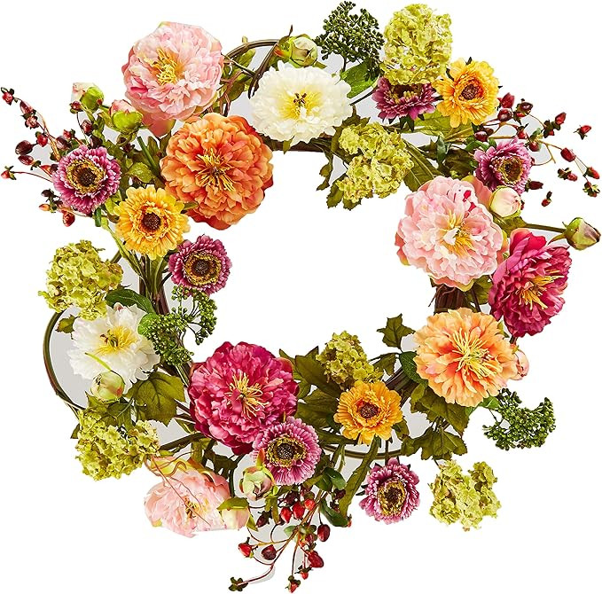 Amazon.com: Nearly Natural 24" Peony Wreath, 24in, Mixed : Home & Kitchen | Amazon (US)