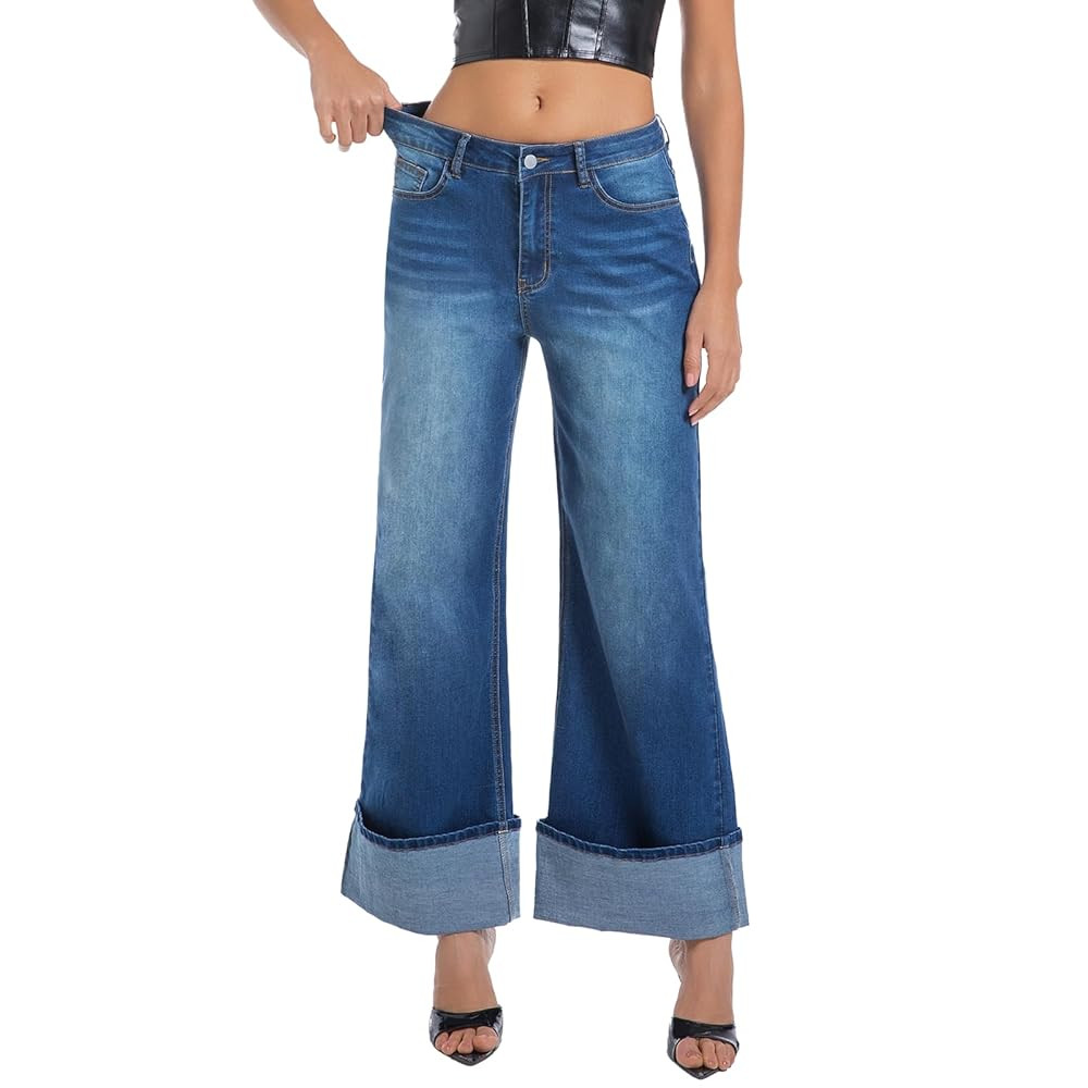 Wide Leg Jeans Woman Stretchy Cuffed High Waisted Baggy Jeans Loose Denim Pants | Amazon (US)
