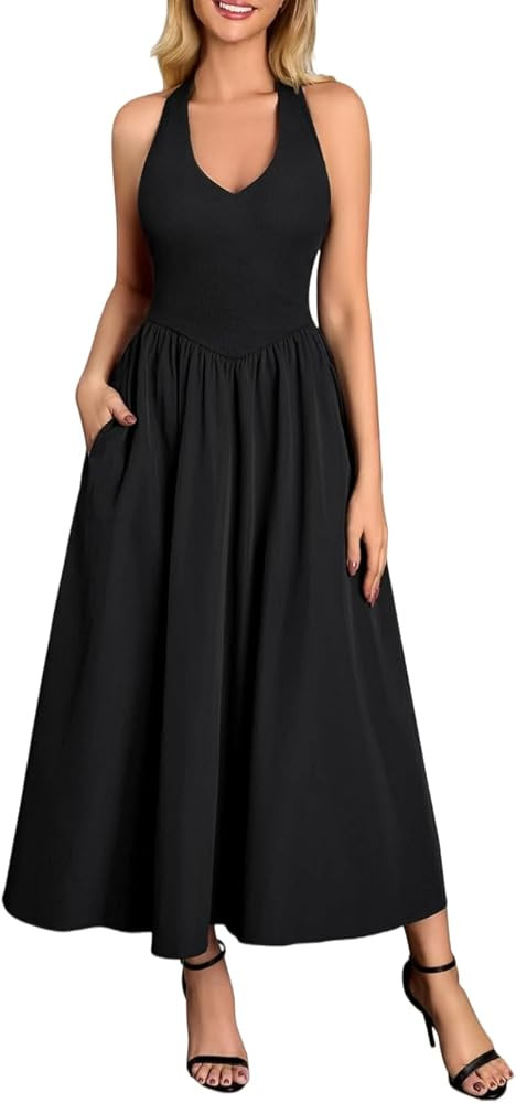 Women's Formal Deep V Neck Sleeveless Sexy Halter Flowy Swing Cocktail Party Evening Dress | Amazon (US)