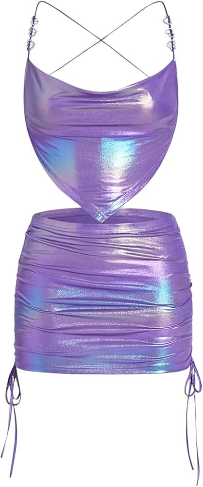 Women's 2 Piece Y2K Metallic Chain Tie Backless Back Criss Cross Cami Crop Top and Drawstring Bod... | Amazon (US)