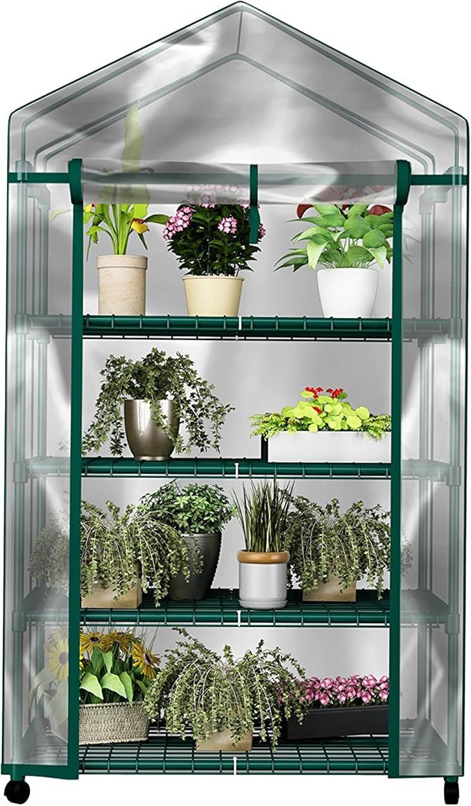 4 Tier Mini Greenhouse - Portable Greenhouse with Locking Wheels and PVC Cover for Indoor or Outd... | Amazon (US)