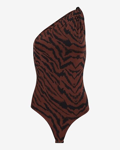 Body Contour Silky Animal Print Twisted One Shoulder Thong Bodysuit | Express