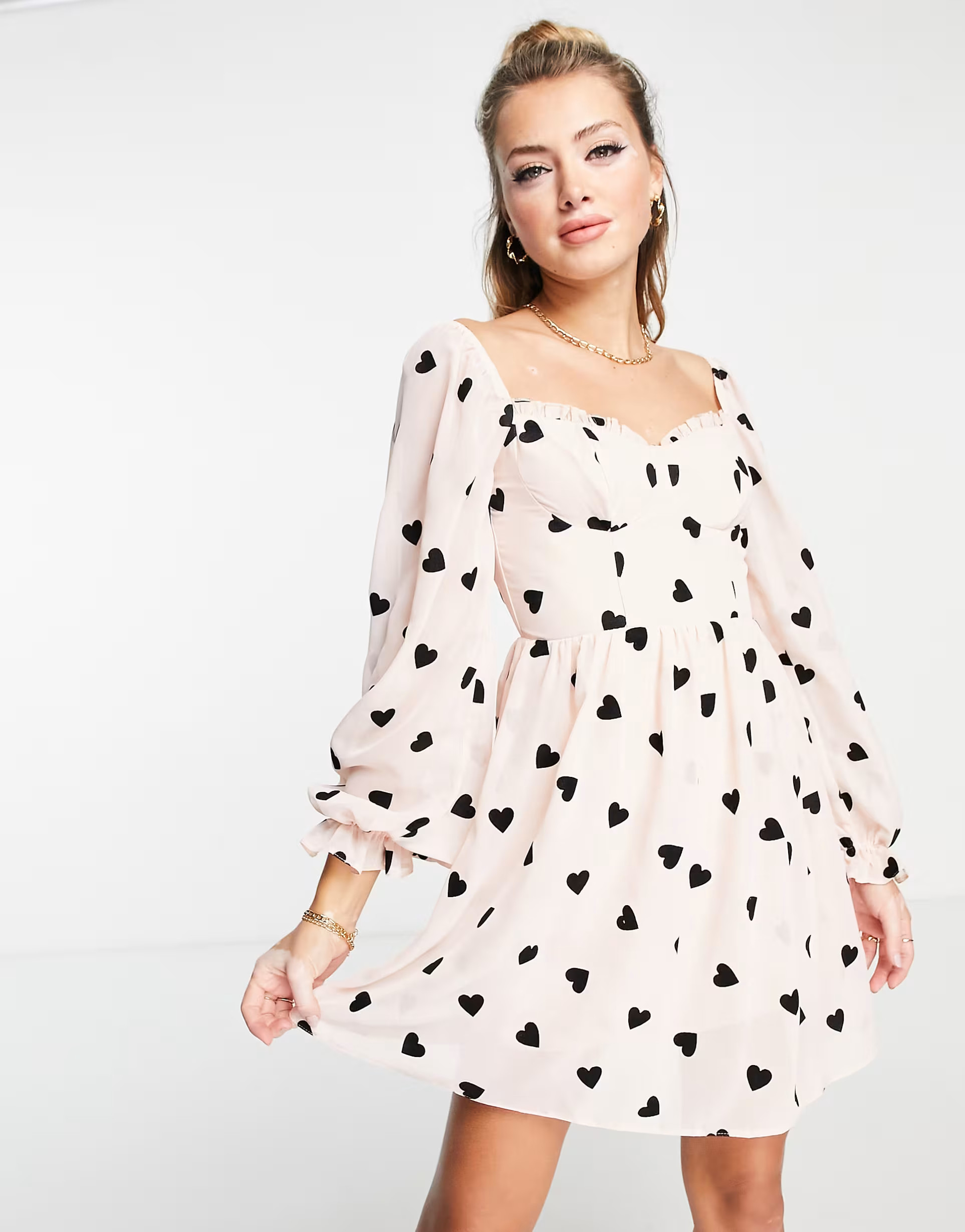 Miss Selfridge corset detail flocked heart mini dress in blush | ASOS (Global)