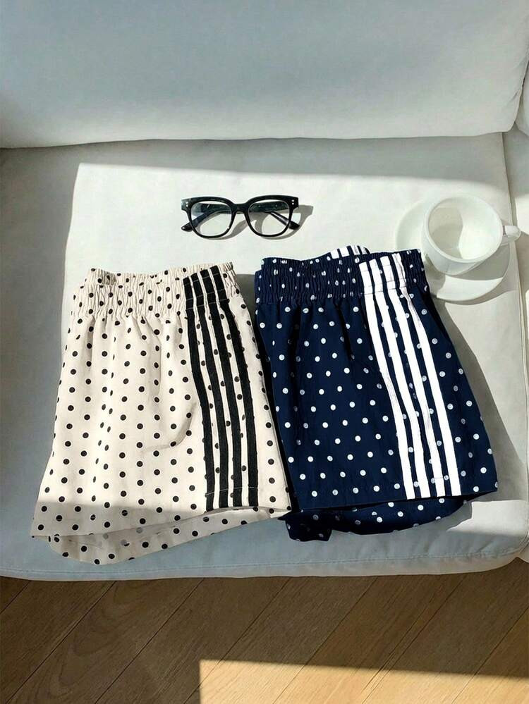 SHEIN EZwear 2pcs Women's Summer Polka Dot Contrast Color Waistband Shorts, Suitable For Sports, ... | SHEIN