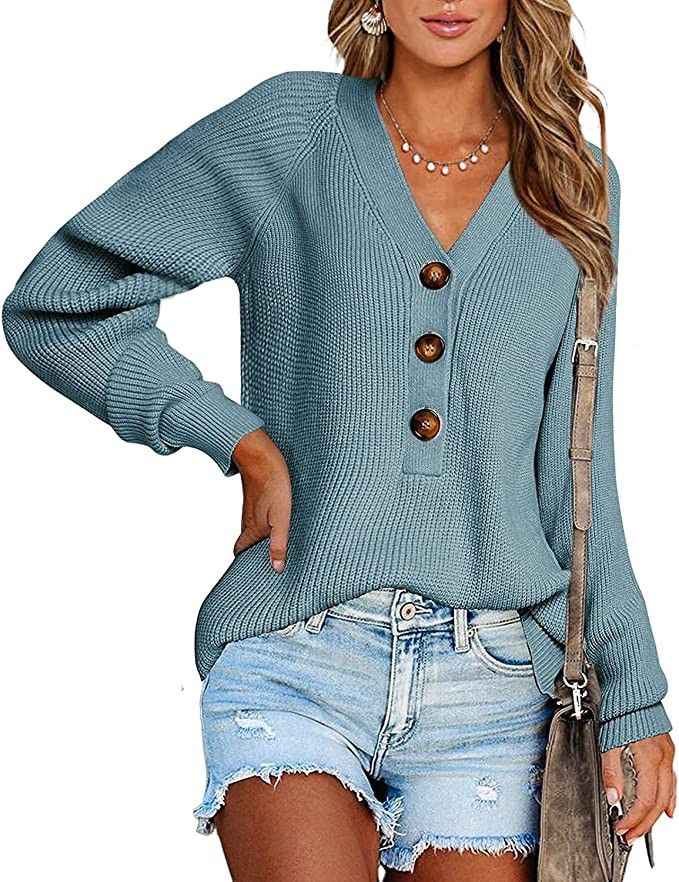 BTFBM Women Long Sleeve V Neck Button Down Sweater Solid Color Ribbed Knit Sweater Casual Relaxed... | Amazon (US)