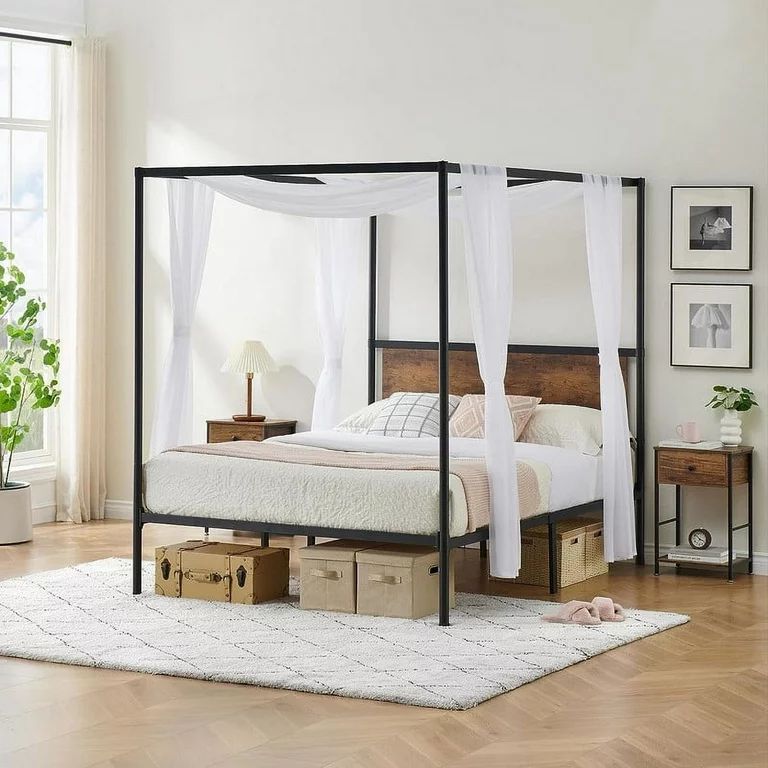 Canopy Bed Frame Queen Size, Black Four-Poster Platform Metal Bed Frame with Storage, Mattress Fo... | Walmart (US)