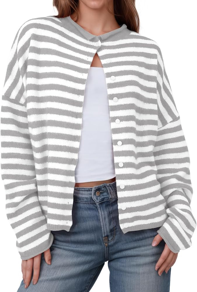 Saodimallsu Womens Striped Cardigan Casual Long Sleeve Open Front Button Down Loose Knit Lightwei... | Amazon (US)