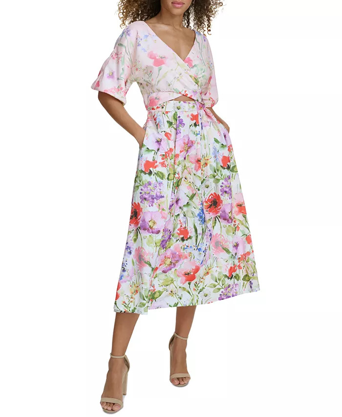Siena Women's Mixed-Print Cutout Puff-Sleeve Dress - Macy's | Macy's