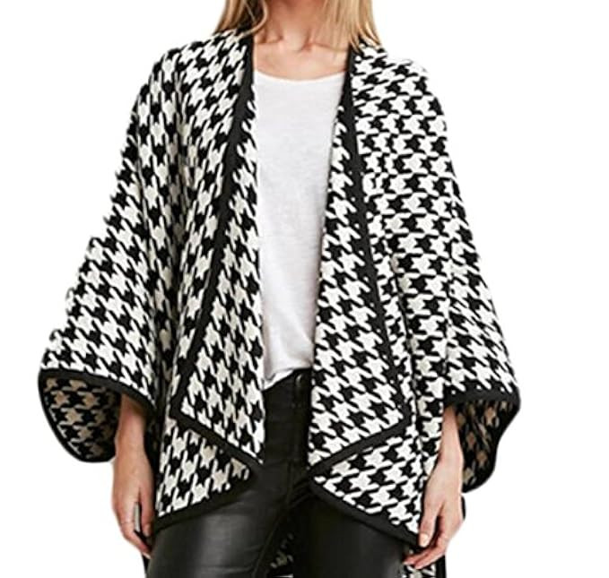 YUNY Womens Houndstooth Open Front Cardigan Irregular Shawl Trench Coat | Amazon (US)