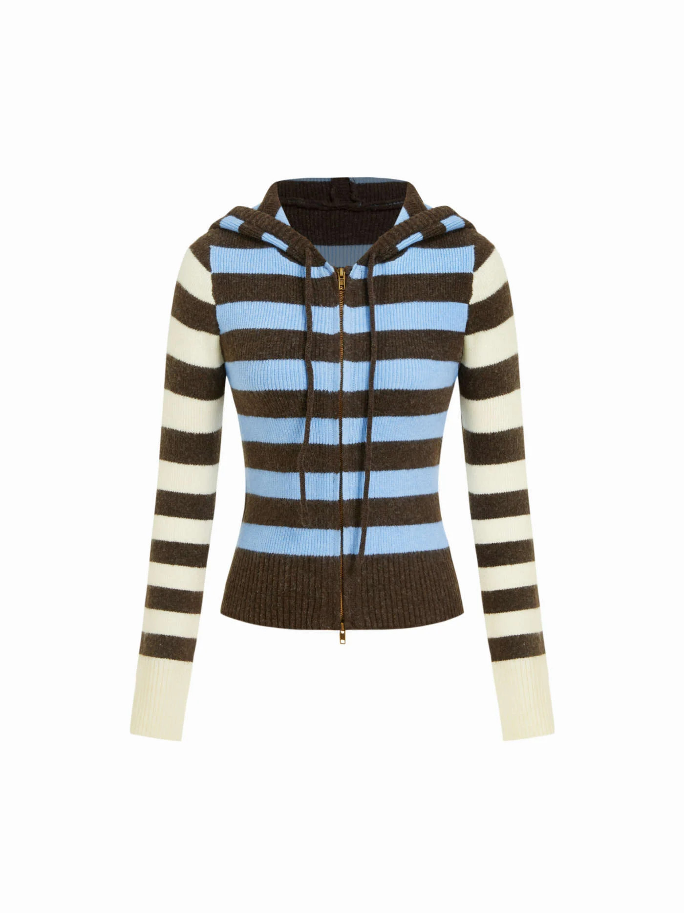 Knit Fabric Knit Wool-blend Striped Hooded Zip Through Cardigan For Daily Casual | Cider