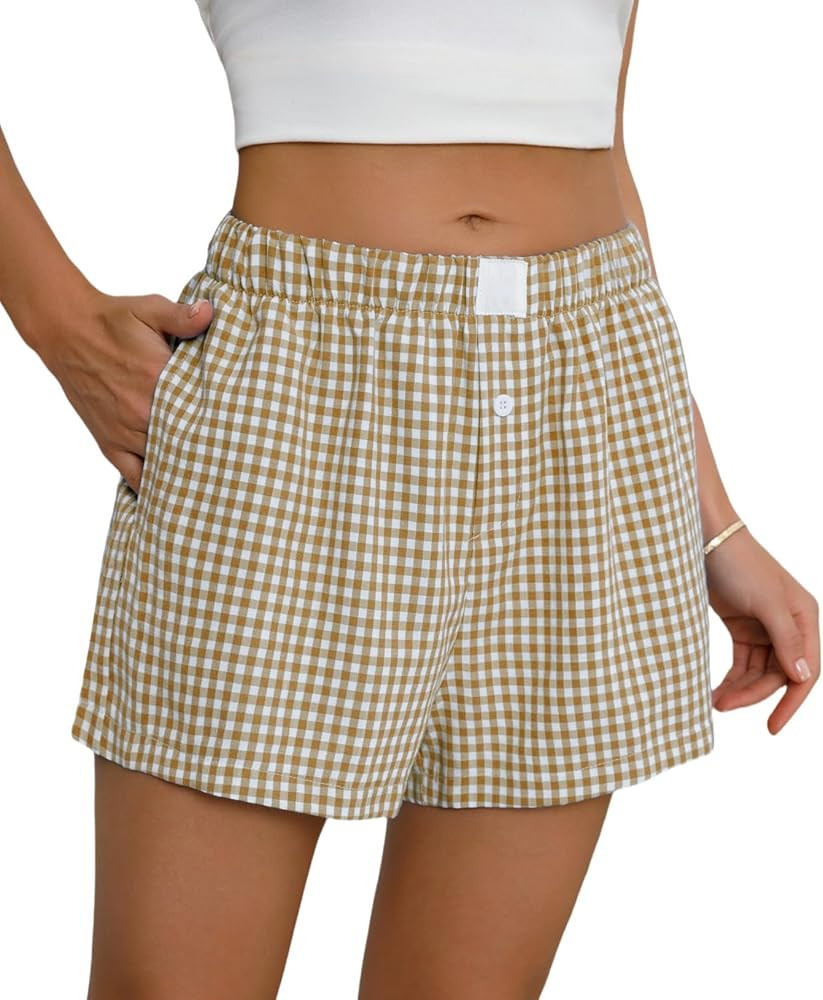 Womens Boxer Shorts Cotton Summer Casual Pajama Y2K Sleep Gingham Plaid Shorts Bottom with Pocket... | Amazon (US)