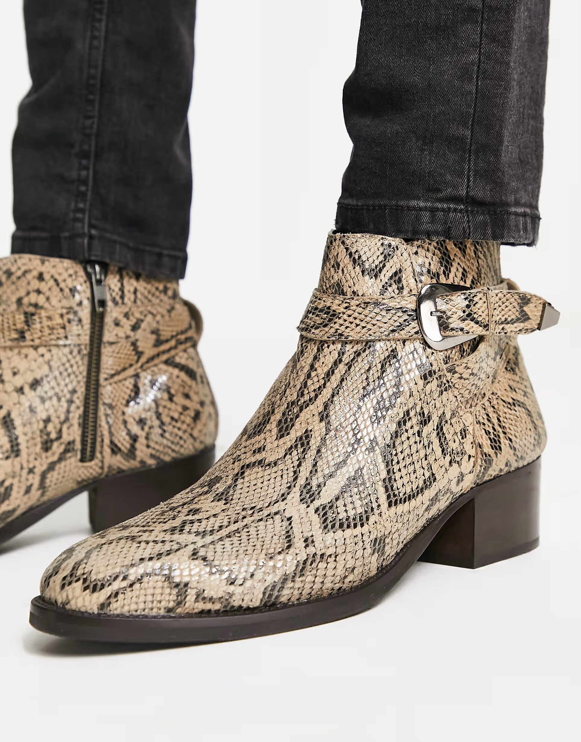 H by Hudson Exclusive Asher cuban strap chelsea boots in beige snake embossed leather | ASOS (Global)
