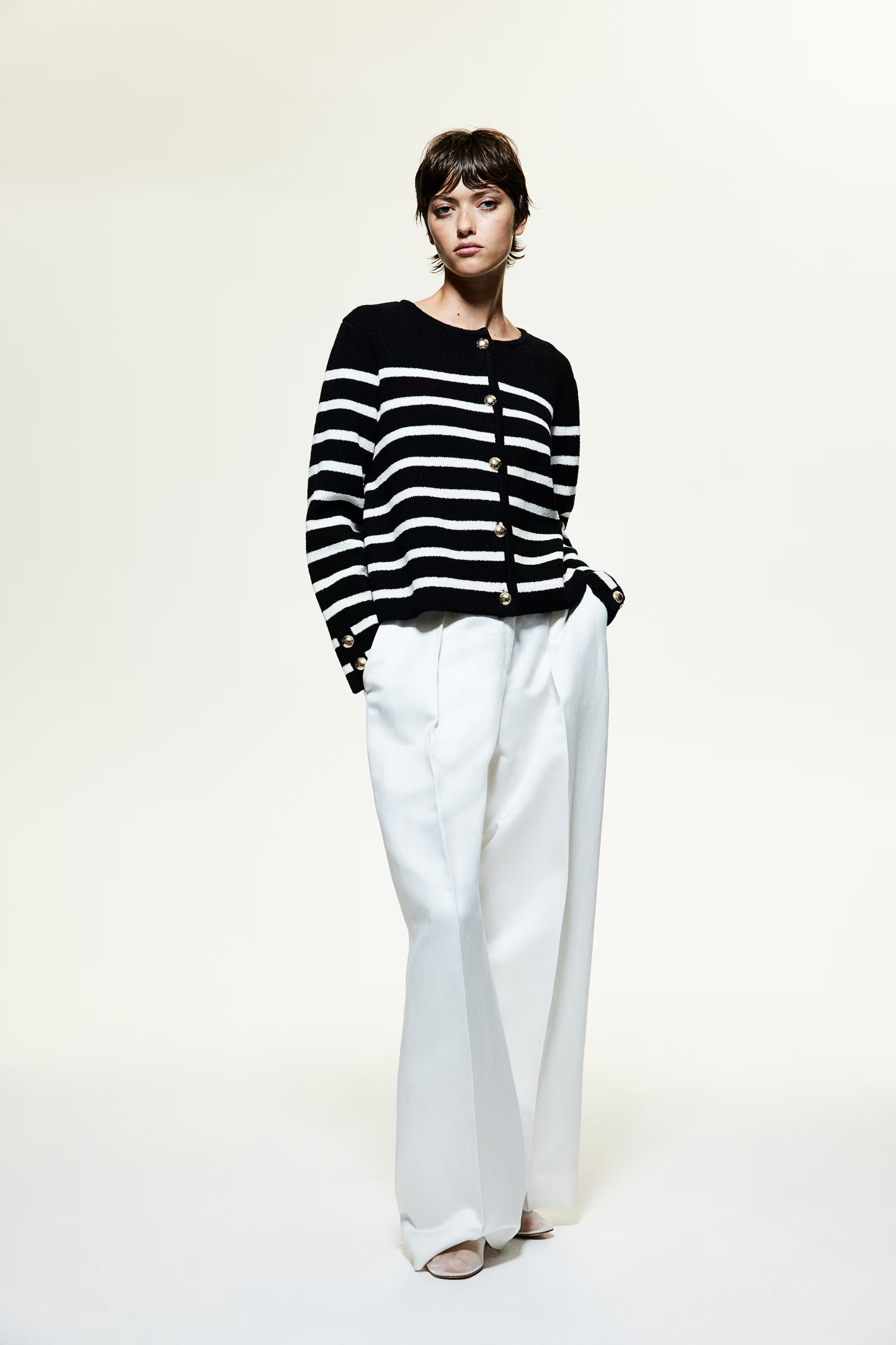 Knit Cardigan - Round Neck - Long sleeve - Black/striped - Ladies | H&M US | H&M (US + CA)