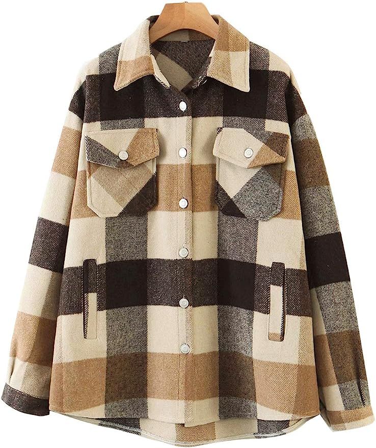 Haellun Womens Brushed Flannel Plaid Lapel Wool Blend Pea Coat Button Down Shirts Shackets | Amazon (US)