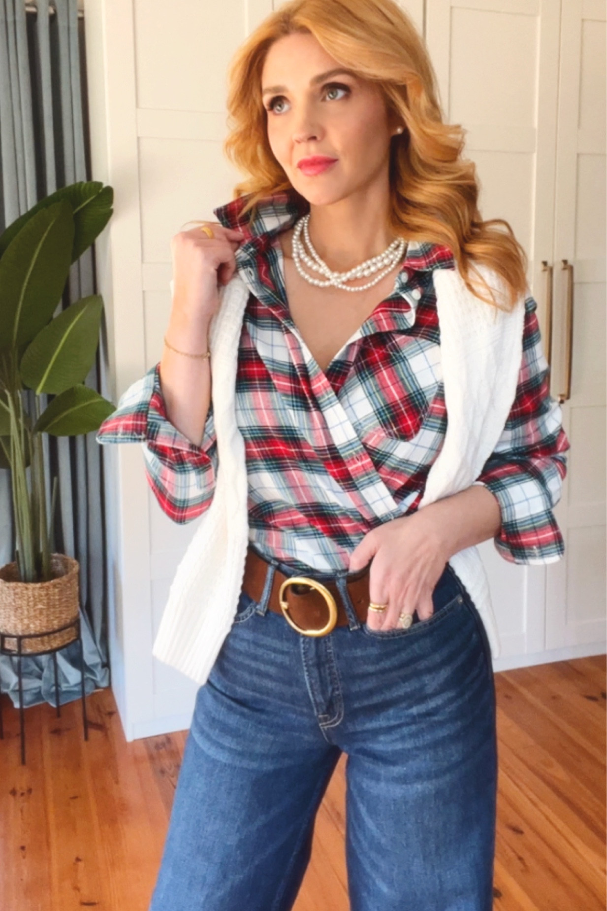 One of my favorite ways to style a button up! I call it the Audrey Hepburn because it’s a look she did often. 😍 a fun take a Christmas plaid! 🌲

#LTKstyletip #LTKHoliday #LTKover40