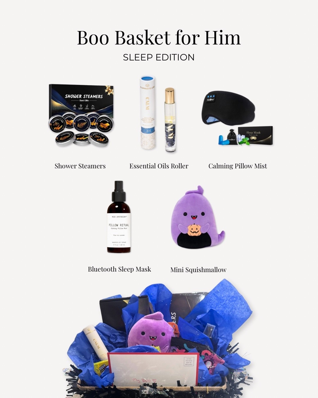 His boo basket but make it cozy. 💙
I put together a little sleepy-time bundle with all his night-in essentials — Bluetooth sleep mask, calming pillow mist, shower steamers, and the cutest mini Squishmallow.

#LTKFindsUnder50 #LTKHalloween #LTKHome