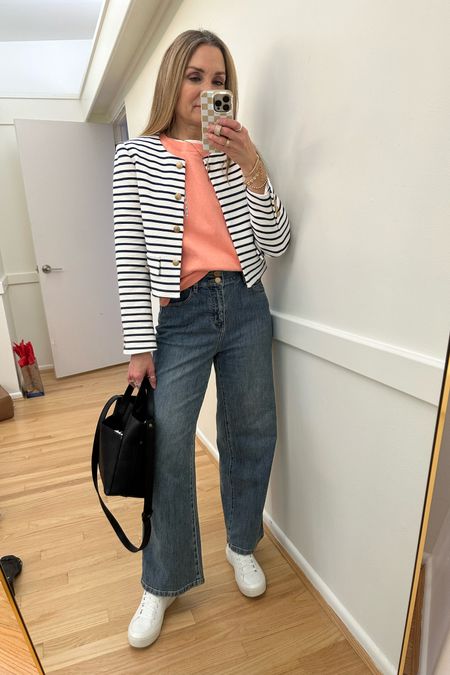 Spring outfit of the day! Striped lady jacket, Goelia wide leg jeans, Sezane sweatshirt, dr schools sneakers, casual everyday outfit, workwear, business casual 

#LTKstyletip #LTKworkwear #LTKfindsunder100