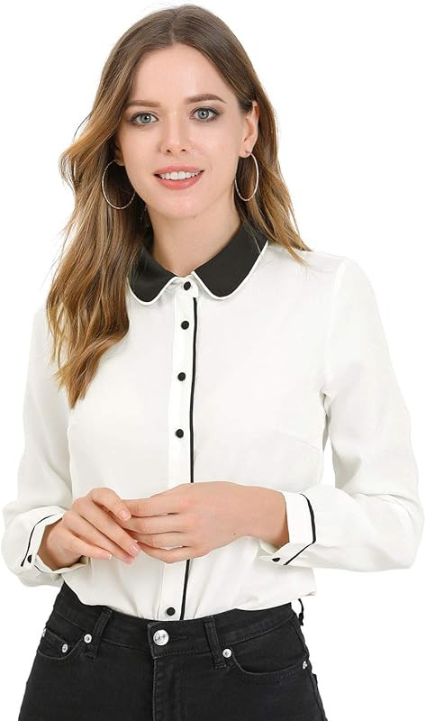Women's Vintage Button Down Shirt Long Sleeve Contrast Peter Pan Collar Office Work Blouse | Amazon (US)
