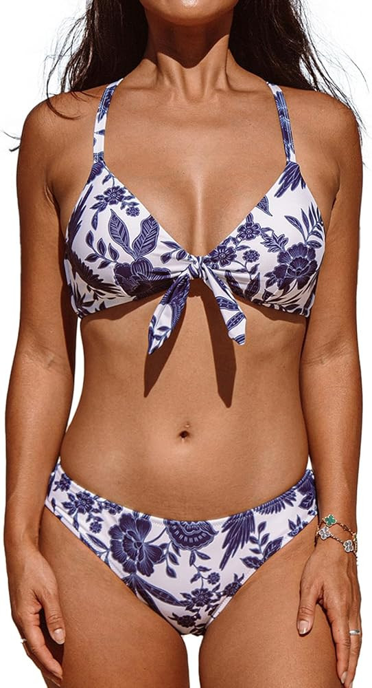 CUPSHE Women's Two Piece Bikini Set Floral Print Knot Bunny Tie | Amazon (US)