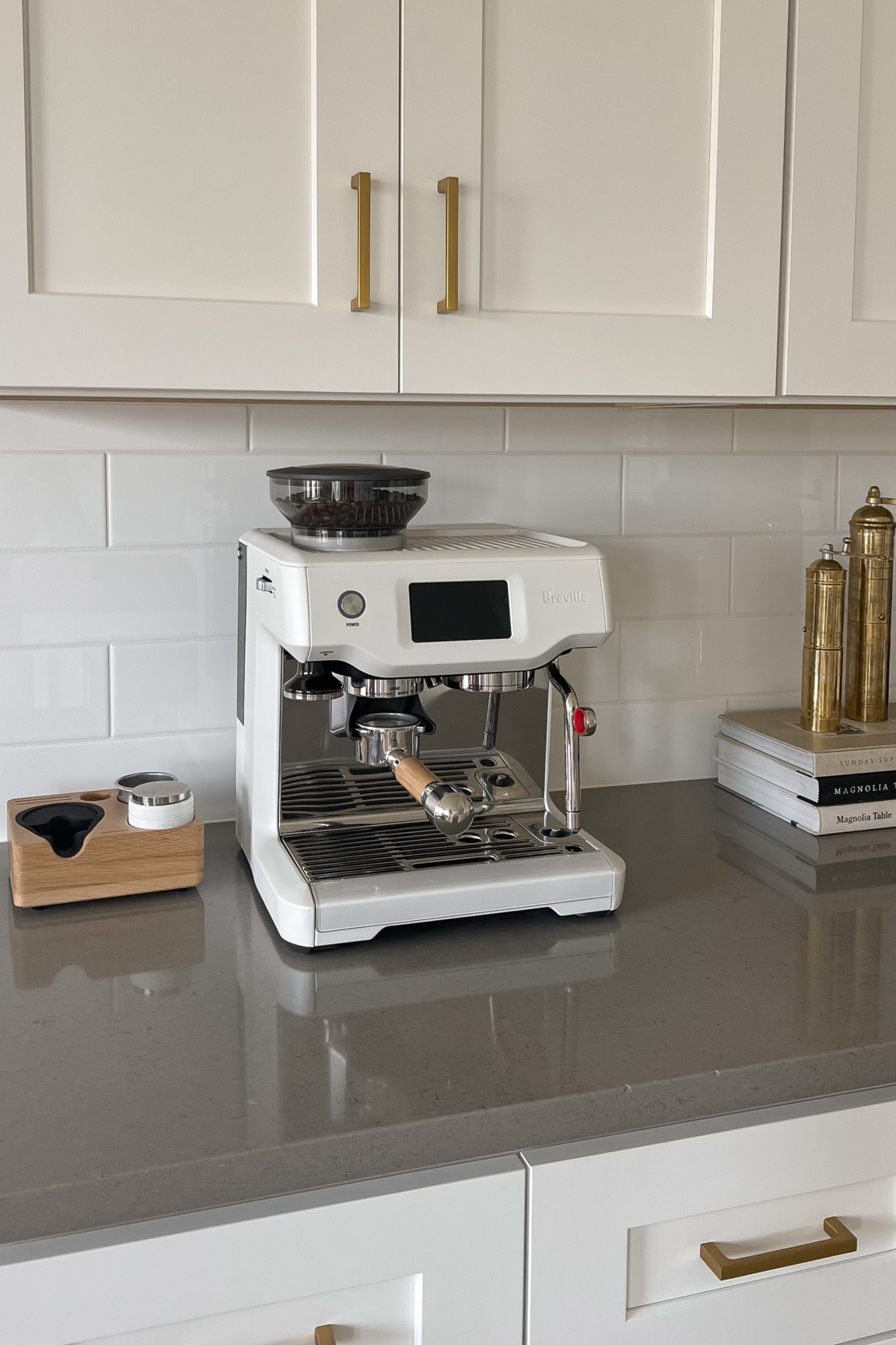 Breville barista touch sea salt white espresso machine. Coffee station, tamper wood portafilter, gold salt pepper mills grinders  #LTKHolidaySale

#LTKhome #LTKsalealert