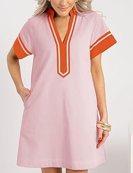 QIBABU Linen Dress for Women V Neck Color Block Summer Short Sleeve A-Line Mini Dress with Pocket... | Amazon (US)