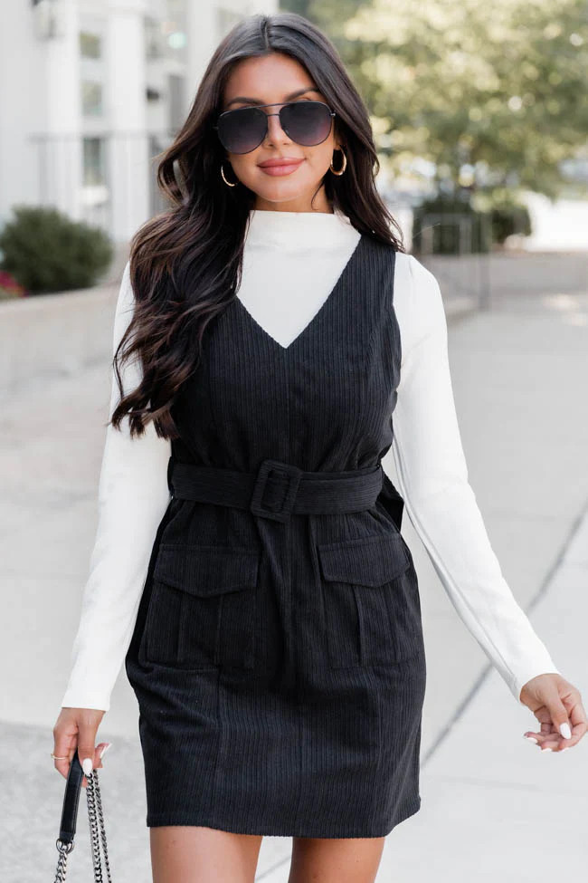 Sending Love Black Corded Belted Tank Dress | Pink Lily