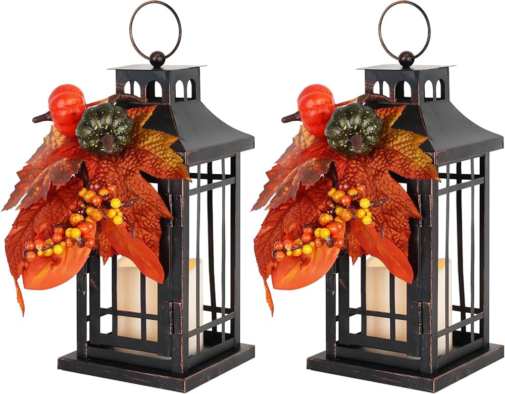 DECORKEY Fall Decorations for Home, Set of 2 LED Candle Lantern Decorative Indoor & Outdoor, 11" ... | Amazon (US)