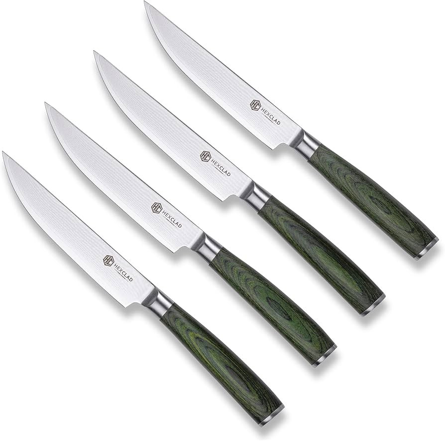 HexClad Steak Knife Set, 4-Pieces Damascus Stainless Steel Blades, Full Tang Construction, Pakkaw... | Amazon (US)