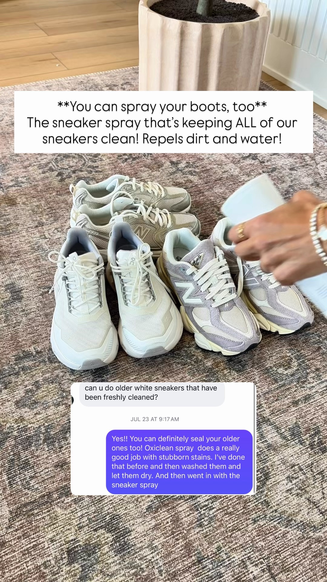 This clear spray will repel water and dirt from sneakers and boots. I spray them really good and let them dry overnight. I try to spray them when they are new out of the box, but you can also spray an older pair as well. Just make sure that you clean and wash them beforehand to get any existing stains out. This spray will form a protective seal that is clear around the outside and it will last a really long time! ￼

#LTKmomlife #LTKselfcare #LTKmorningroutine