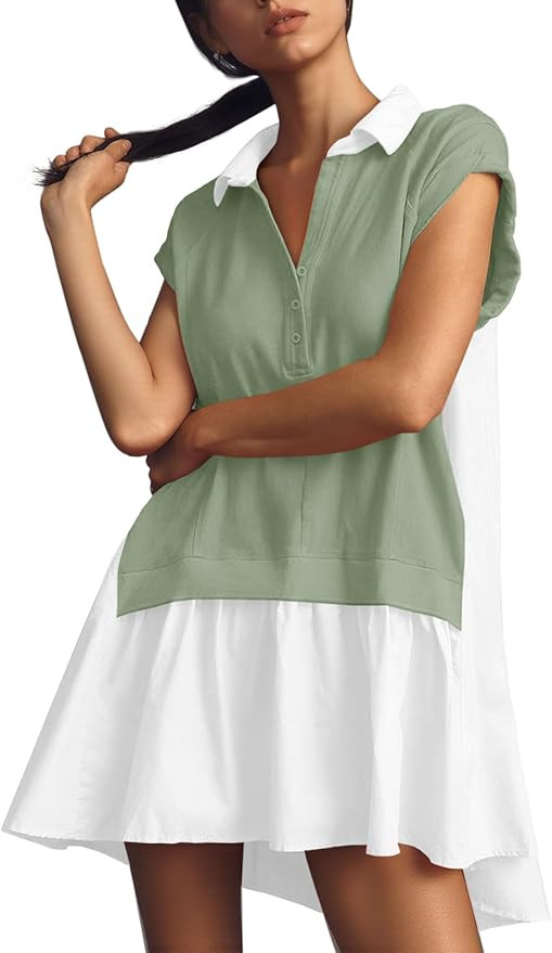 Fisoew Womens Summer Sweatshirt Dresses Short Sleeve V Neck Casual Oversized Patchwork Mini Dress | Amazon (US)