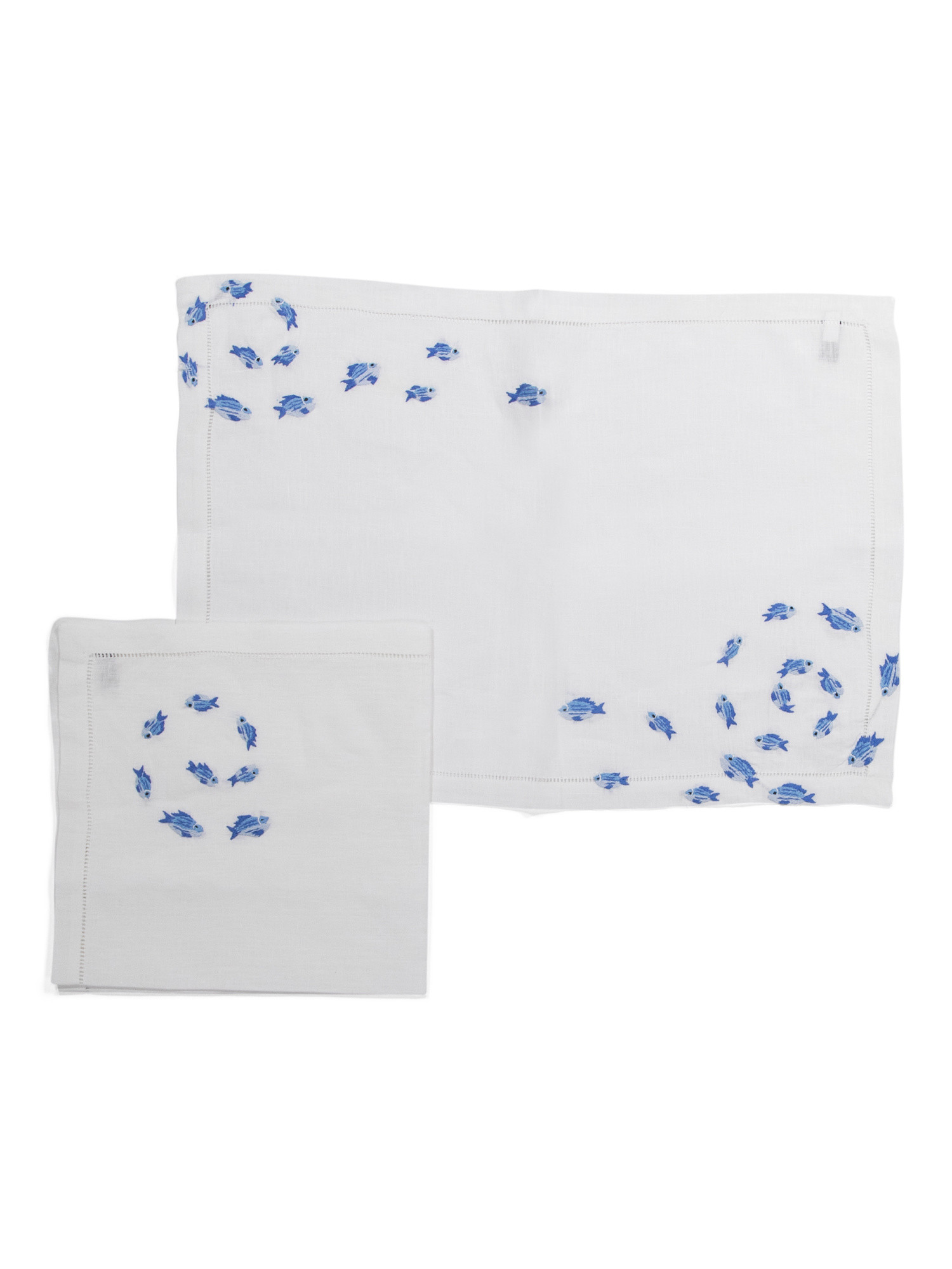 2pc Linen Blend Hand Embroidered Fishes Napkin And Placemat Set | TJ Maxx