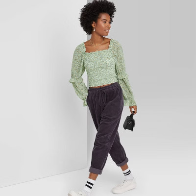 Women's Floral Print Long Sleeve Square Neck Smocked Top - Wild Fable™ Green | Target