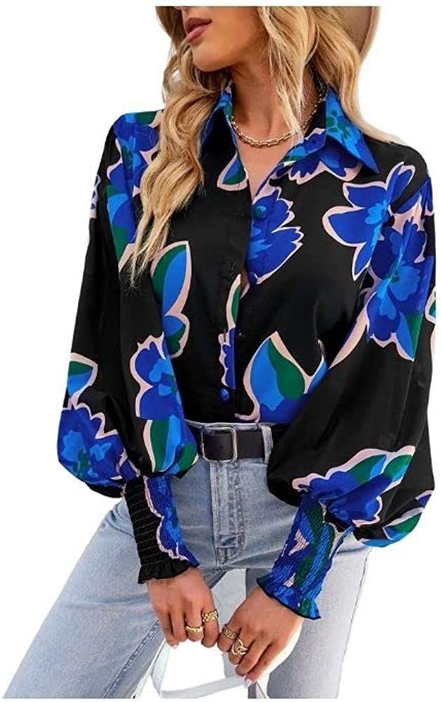 PORCLAY Women's Casual Floral Print Plaid Blouse Tops Fashion Loose V Neck Long Sleeve Button Dow... | Amazon (US)