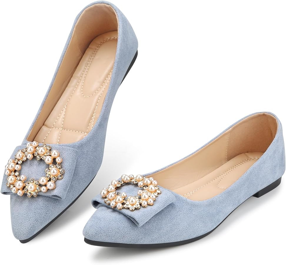 KUNWFNIX Women's Ballet Flats with Pearl Clip - Faux Suede Pointed Toe Slip On, Soft Comfortable ... | Amazon (US)