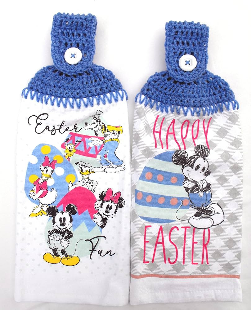 EASTER FUN & HAPPY EASTER WITH MICKEY AND EASTER EGG - 2 HANDMADE CROCHET TOP HANGING KITCHEN TOW... | Amazon (US)