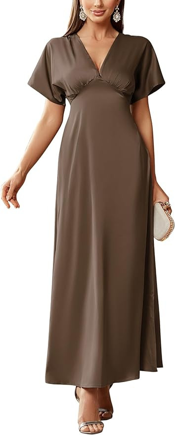 Women's 2024 Satin Dress Elegant Deep V Neck Flutter Sleeve A-Line Gown Cocktail Party Maxi Dress... | Amazon (US)