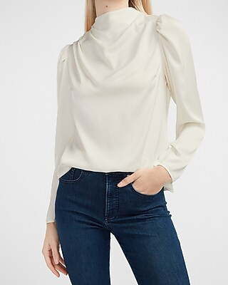 Satin Ruched Mock Neck Top | Express