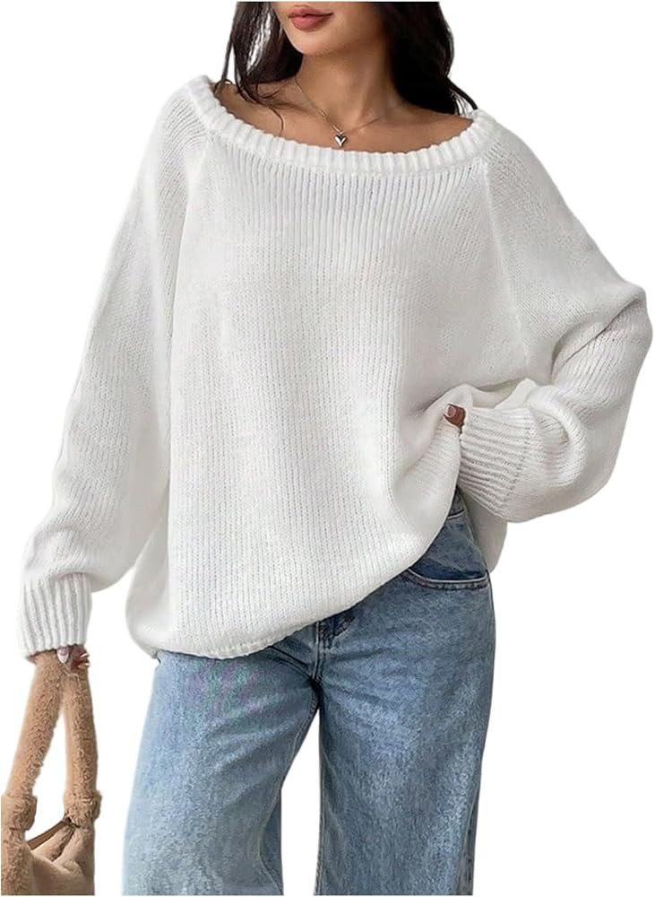 Verdusa Women's Off The Shoulder Sweater Casual Oversized Fall Sweaters Pullover Knit Tops | Amazon (US)