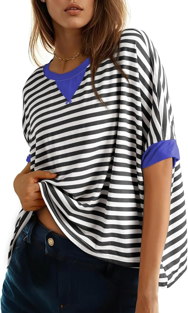 Dokotoo Oversized Striped Tshirts Summer Tops Plus Size Fashion Trendy Casual Blouse Top | Amazon (US)