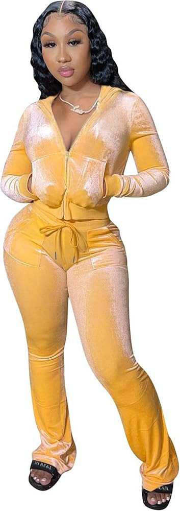 yidengymx Womens 2 Piece Velour Tracksuit Two Piece Outfits for Women Long Sleeve Zip Up Crop Top... | Amazon (US)