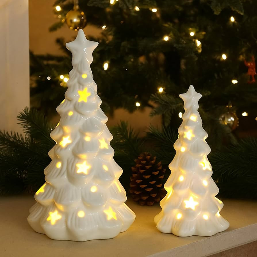 White Ceramic Christmas Trees with Lights, 2Pcs Light Up Table Top Porcelain Christmas Tree, Tabl... | Amazon (US)