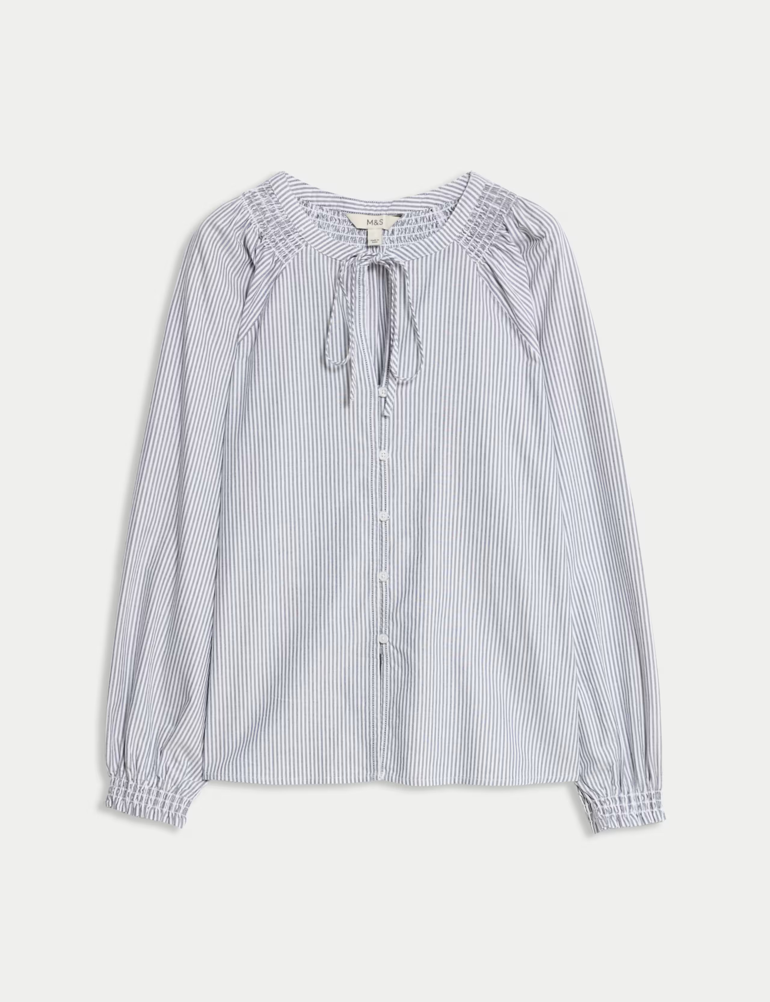 Pure Cotton Striped Tie Neck Blouse | Marks & Spencer (UK)