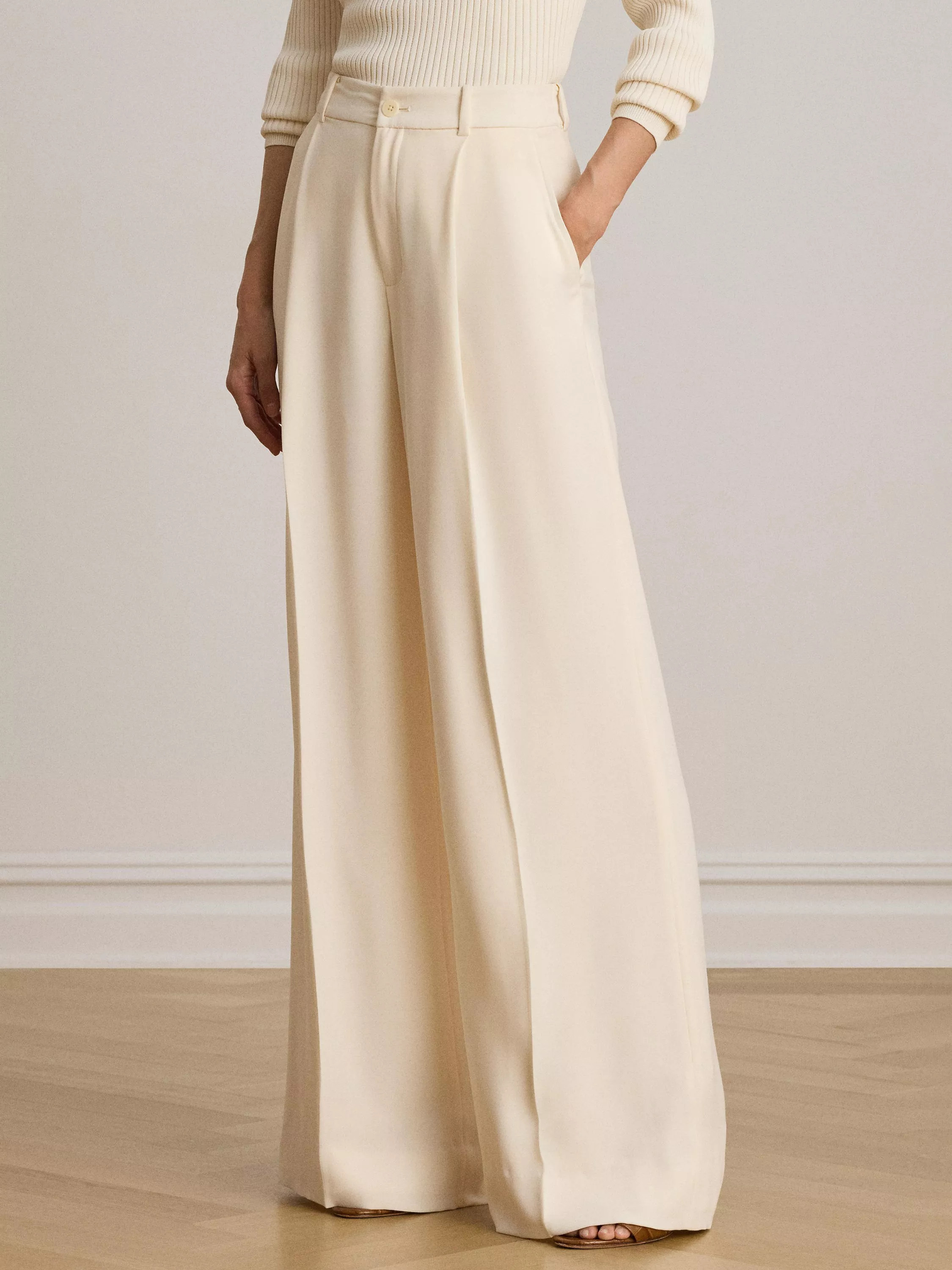 Lauren Ralph Lauren Kirahn Wide Leg Pleat Trousers, Mascarpone Cream | John Lewis (UK)