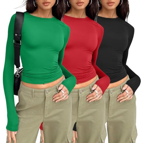 AUTOMET 3 Pack Womens Long Sleeve T Shirts Fall Fashion Basic Going Out Crop Tops Slim Fitted Winter Clothes 2025 Black Red Green M | Amazon (US)