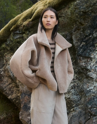 The White Company Funnel Collar Faux-Fur Coat, Rye, Size: M/L | The White Company UK & ROW