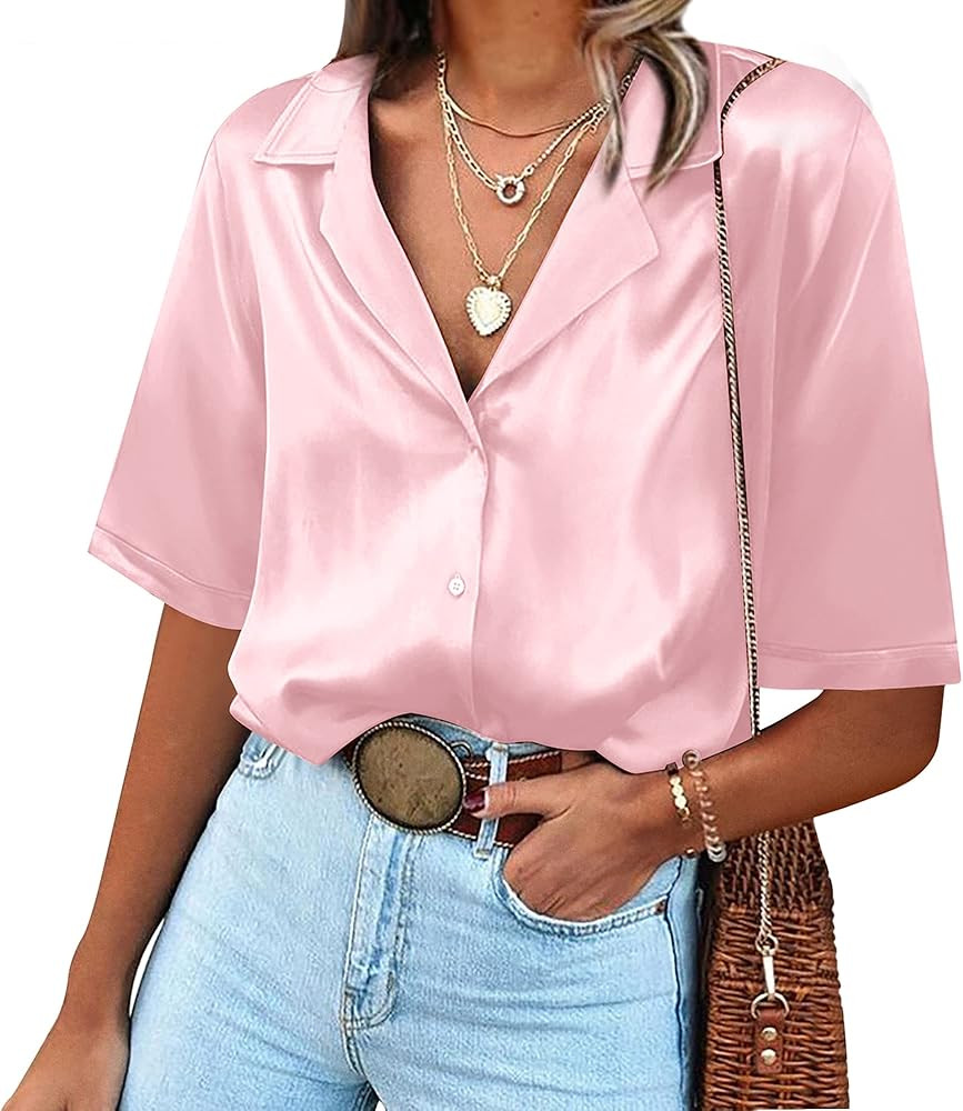 Chigant Women's Short Sleeve Satin Blouse Button Down Tops Casual Office Work Shirt S-XXL | Amazon (US)