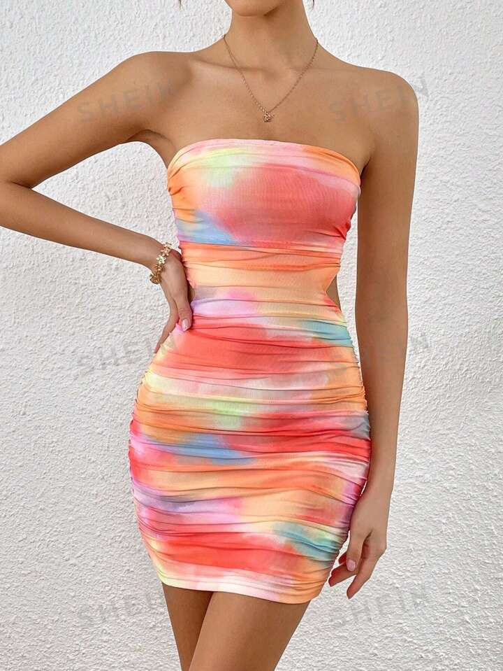SHEIN VCAY Tie Dye Ruched Tube Bodycon Dress Strapless Dress | SHEIN