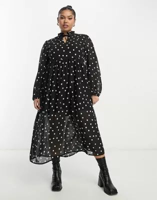 Wednesday's Girl Curve tiered polka dot midi smock dress in black | ASOS (Global)